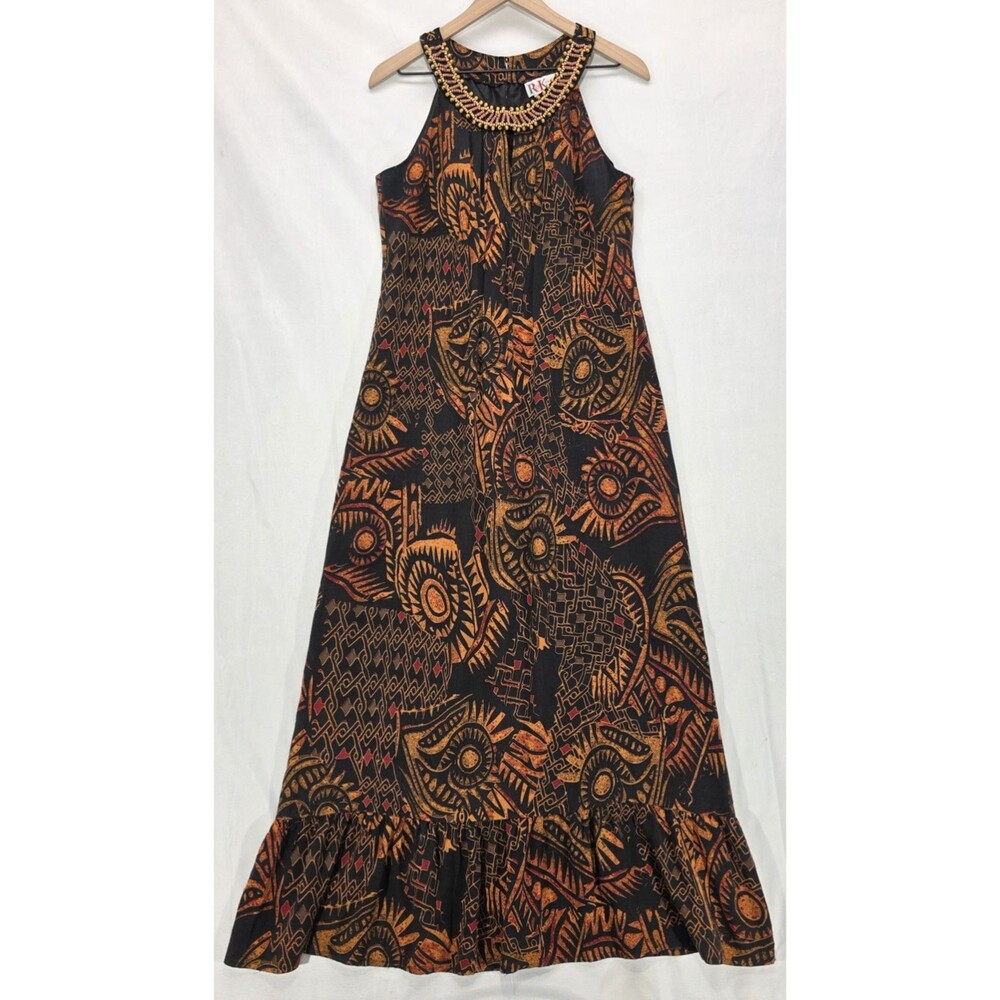 VTG 90s Tribal Batik Print Maxi Dress 12 Beaded Halter-Neck Ethnic Artsy Resort